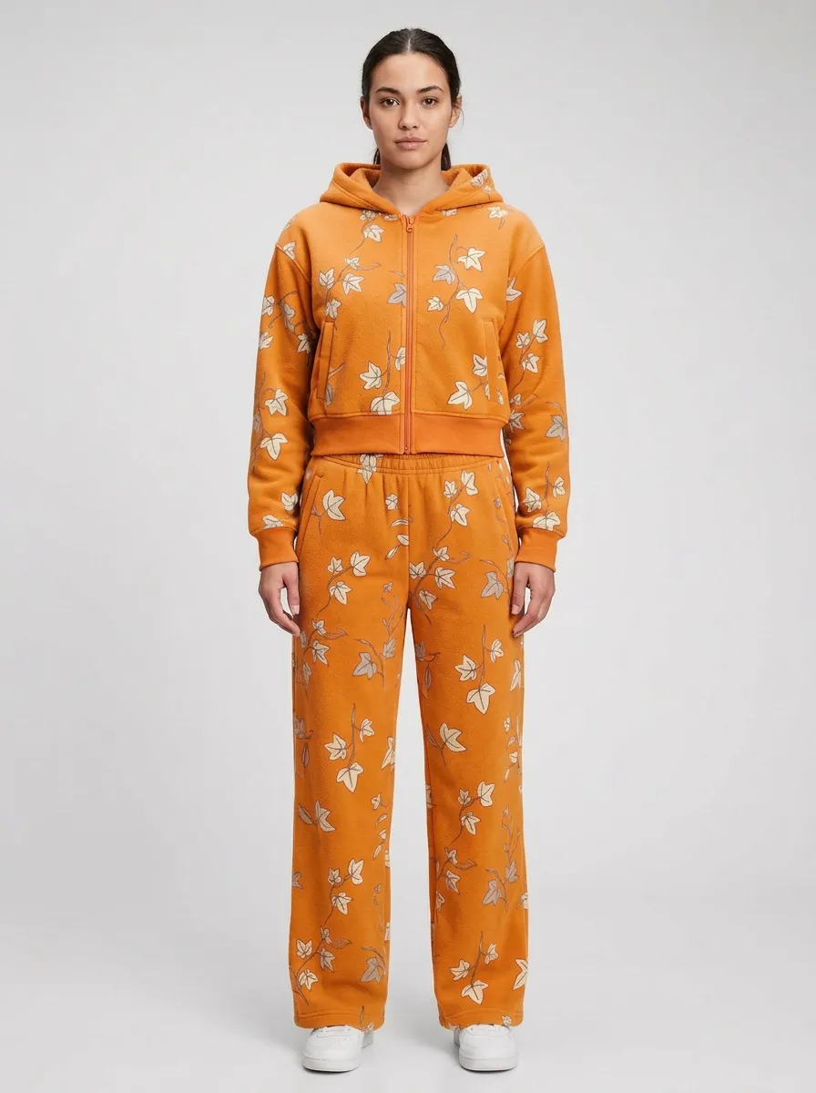 Women's Floral Print Zip-Up Hoodie And Wide-Leg Pant Set