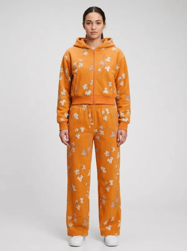 Women's Floral Print Zip-Up Hoodie And Wide-Leg Pant Set