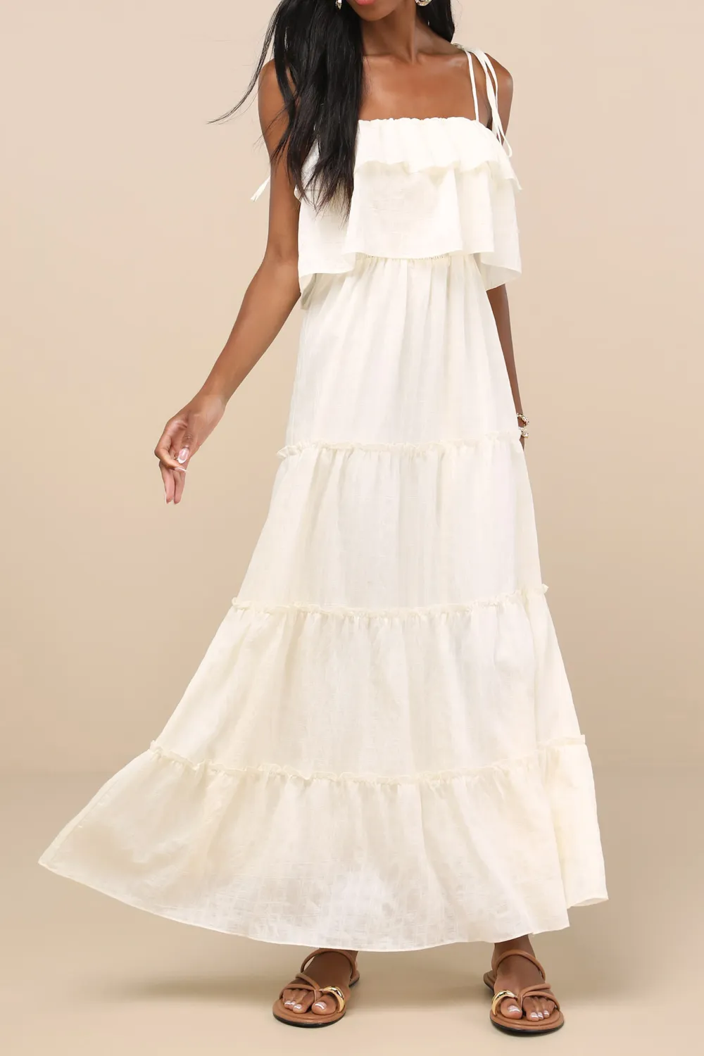 Casual Style Textured Tie-Strap Tiered Maxi Dress