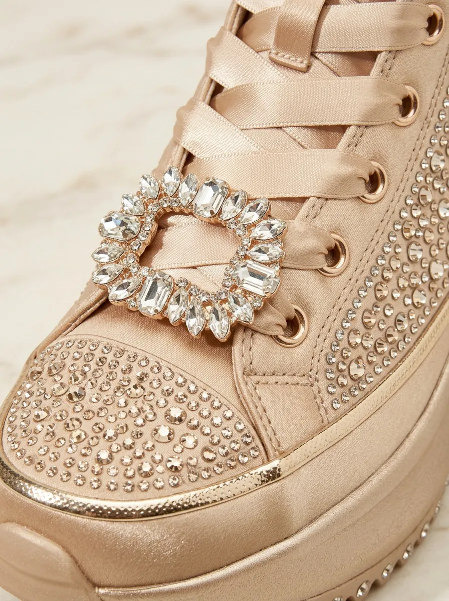 Lace-Detail Buckle-Strap Lace-Up High-Top Women's Rhinestone Platform Shoes
