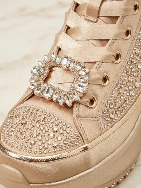Lace-Detail Buckle-Strap Lace-Up High-Top Women's Rhinestone Platform Shoes