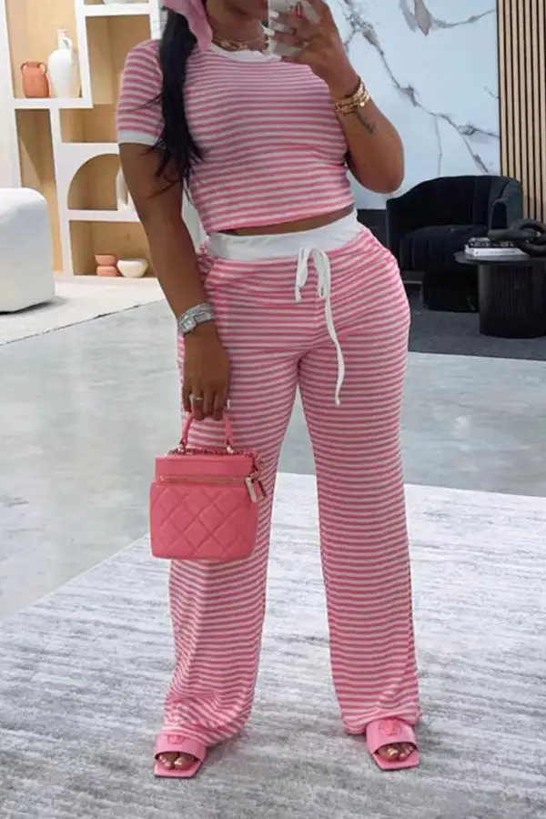 Striped Drawstring Round Neck Pant Set
