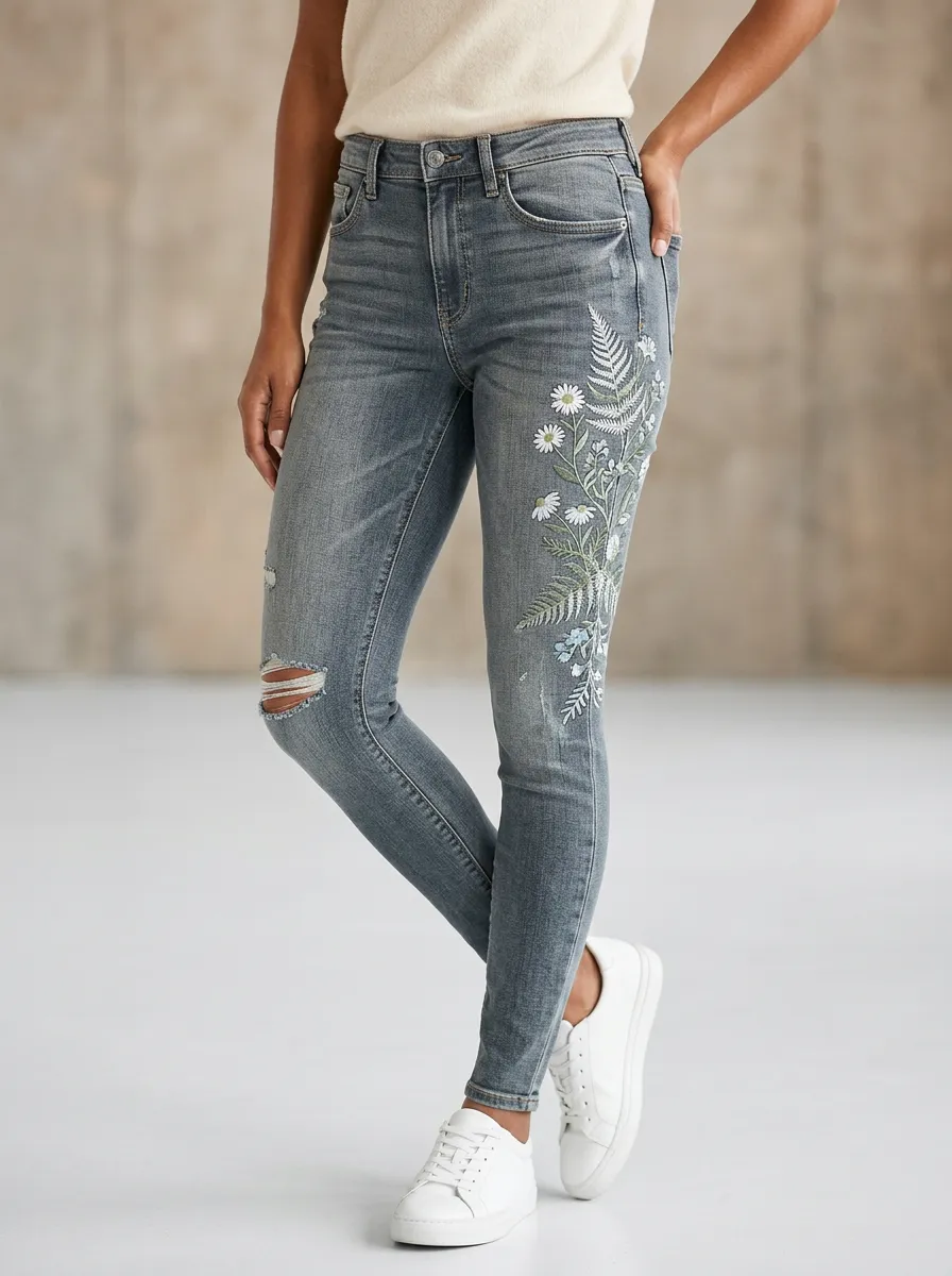 Women's Floral Daisy Fern Embroidered Graphic Slim Jeans