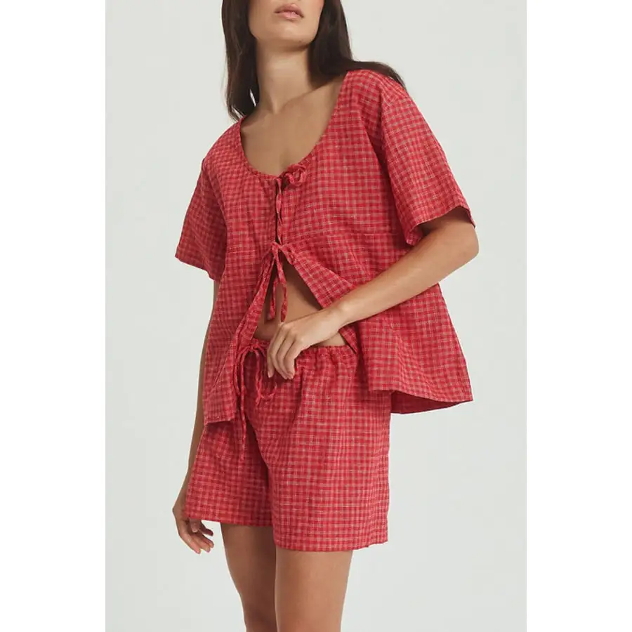 Plaid Tied Scoop Neck Short Sleeve Top and Drawstring Shorts Set