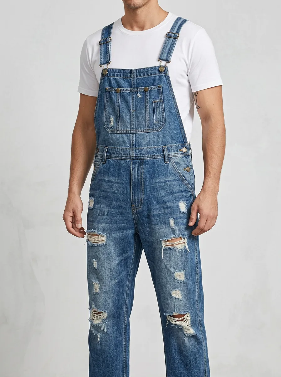 Men's Bib Distressed Denim Bib Overalls