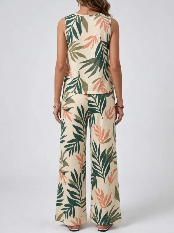 Women's Beige Tropical Leaf Tank & Wide-Leg Pants Set
