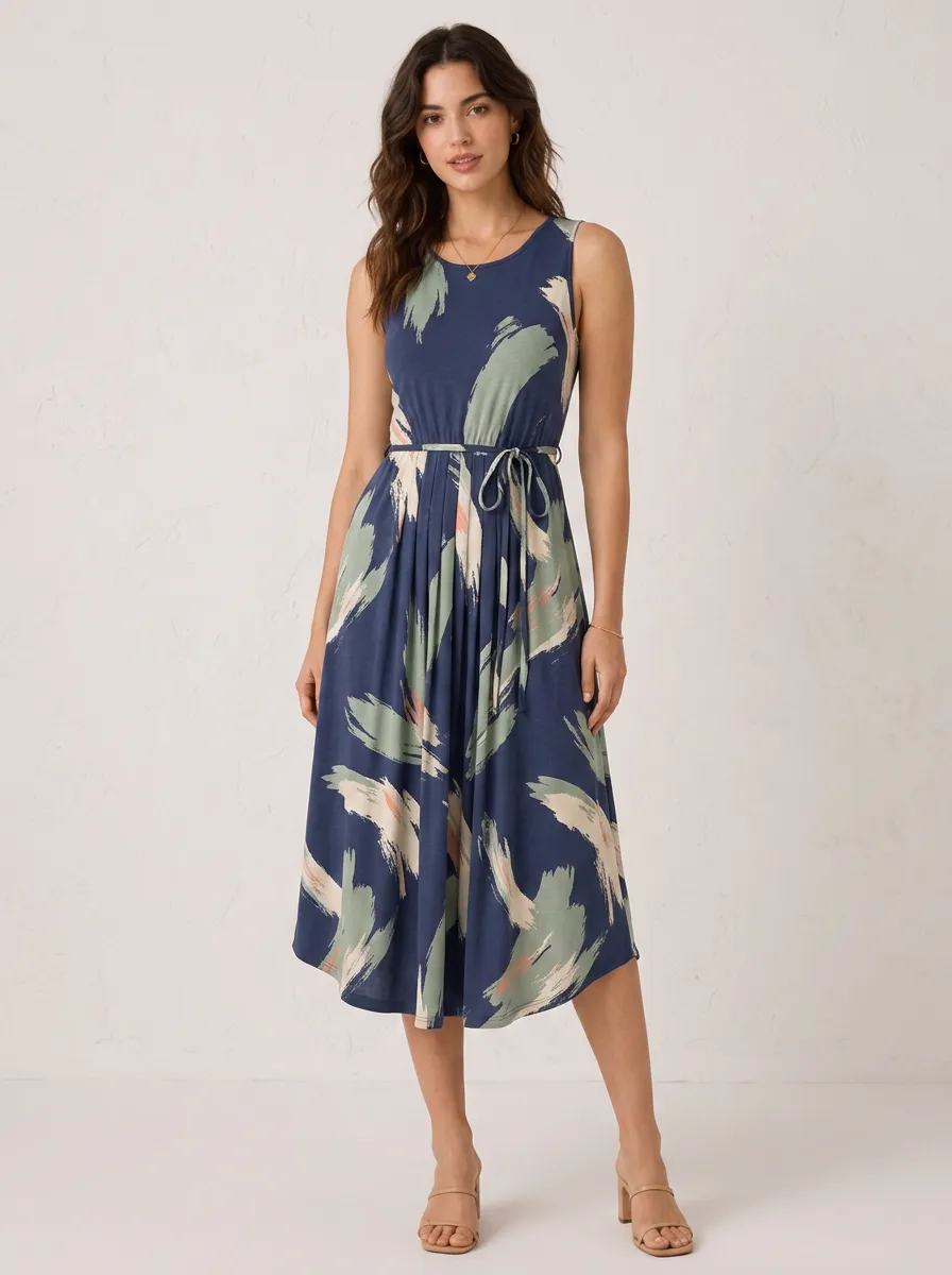 Women's Abstract Brushstroke Printed Sleeveless Midi Dress