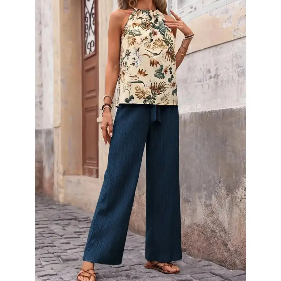 Printed Tank Top and Wide Leg Pants Set