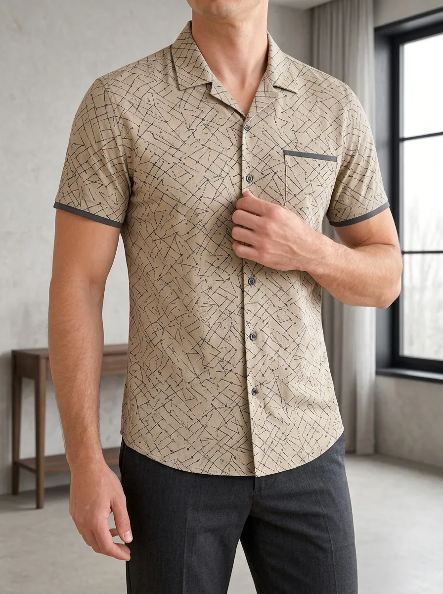 Men's Casual Geometric Grid Pattern Printed Slim Fit Shirt
