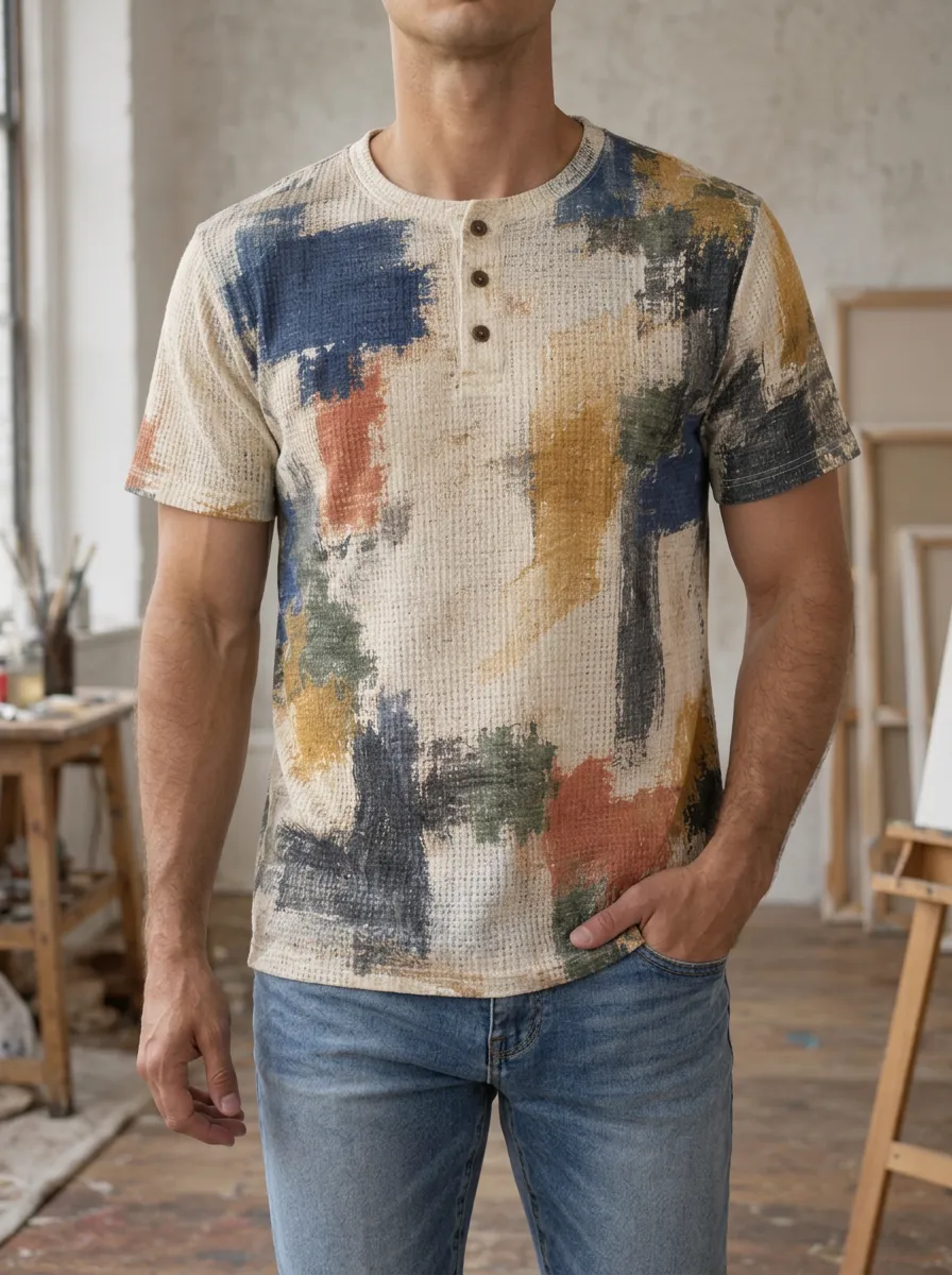 Men's Modern Abstract Art Waffle Knit Henley T-Shirt