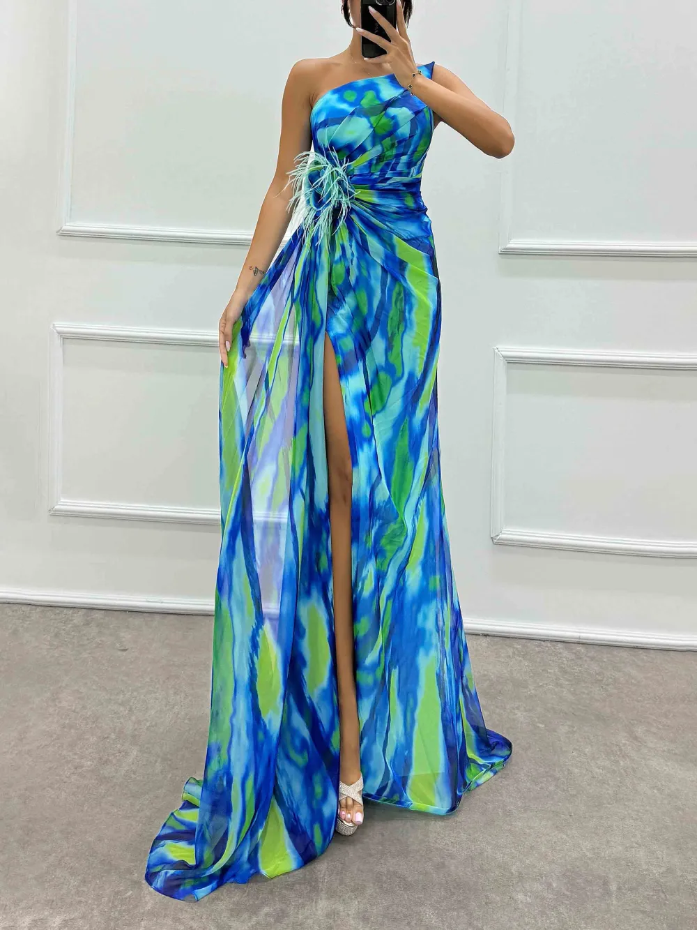 Painted Floral Print Feather Maxi Dress