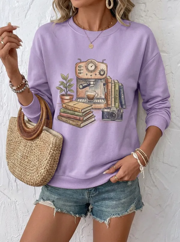 Women's Coffee Lover Bookworm Coffee Machine Printed Sweatshirt