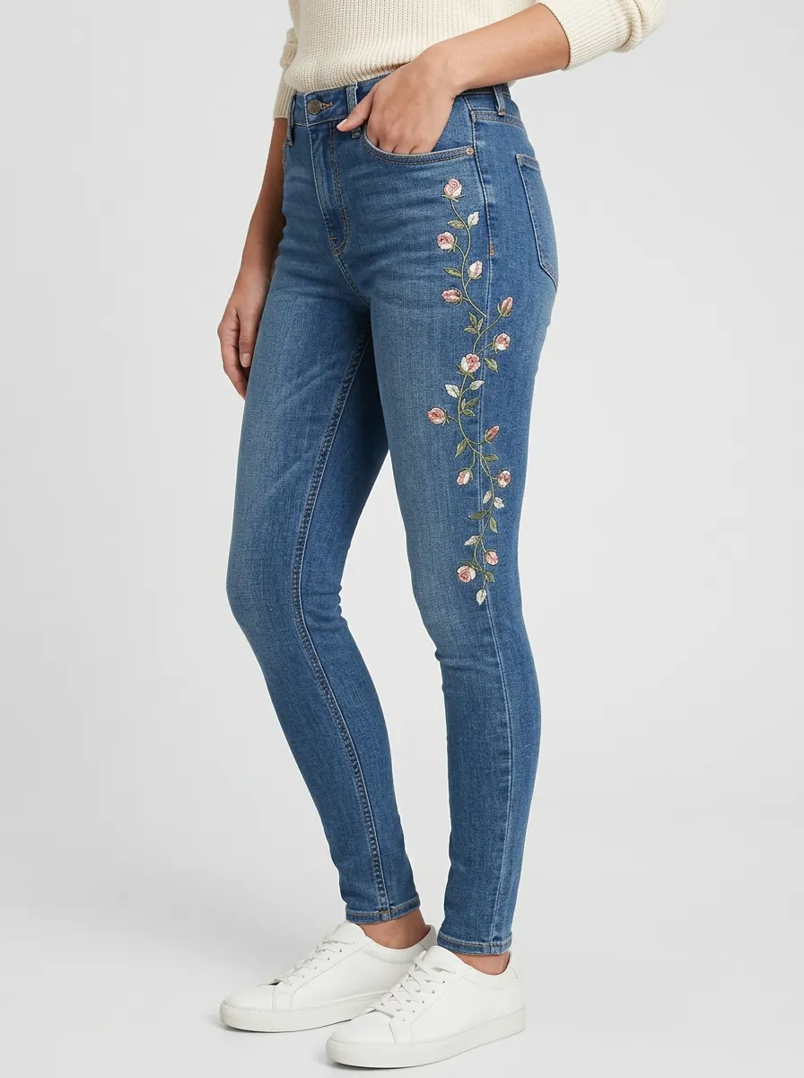 Women's Floral Rose Vine Embroidered Slim Jeans
