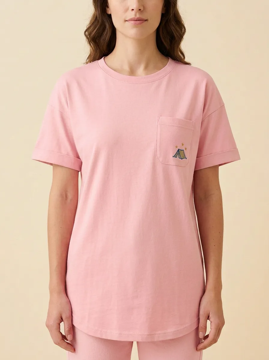 Women's Camping Tent Embroidered Pocket Crewneck T-Shirt