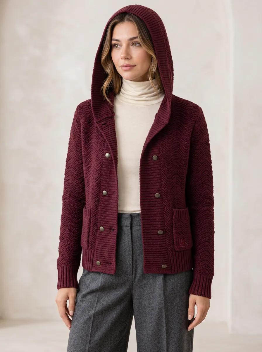 Women's Chevron-Knit Double-Breasted Patch-Pocket Hooded Cardigan