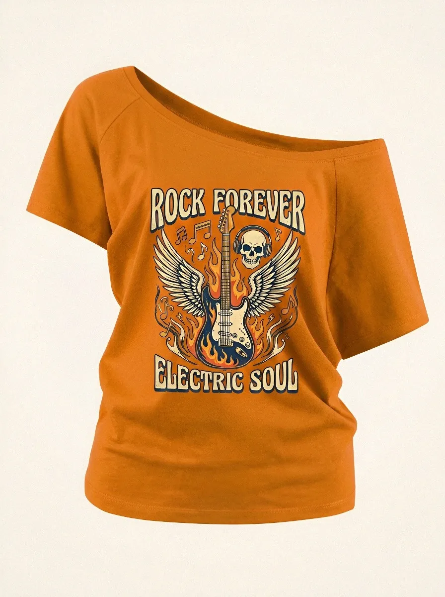 Women's Rock Music Lover Flaming Guitar Skull Printed T-shirt