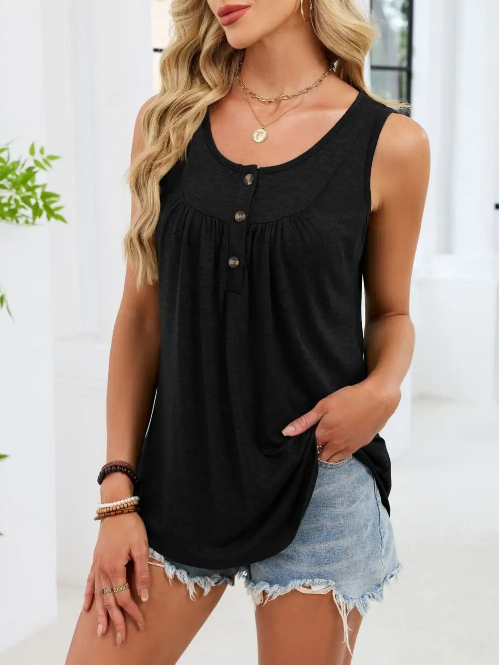Button Detail Round Neck Tank