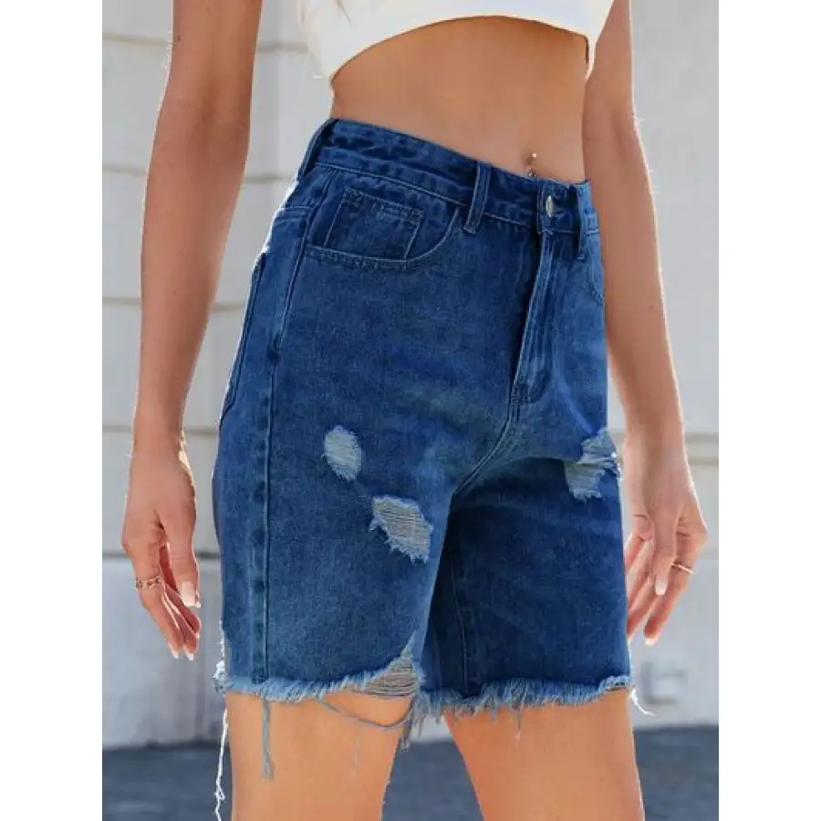 Casual Raw Hem Distressed Denim Shorts