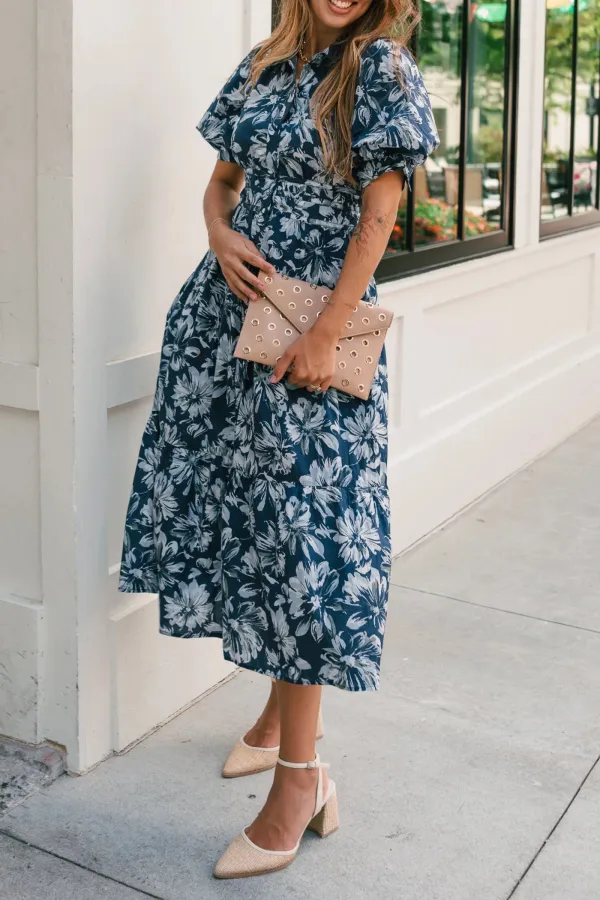 Casual Floral Lapel Midi Dress