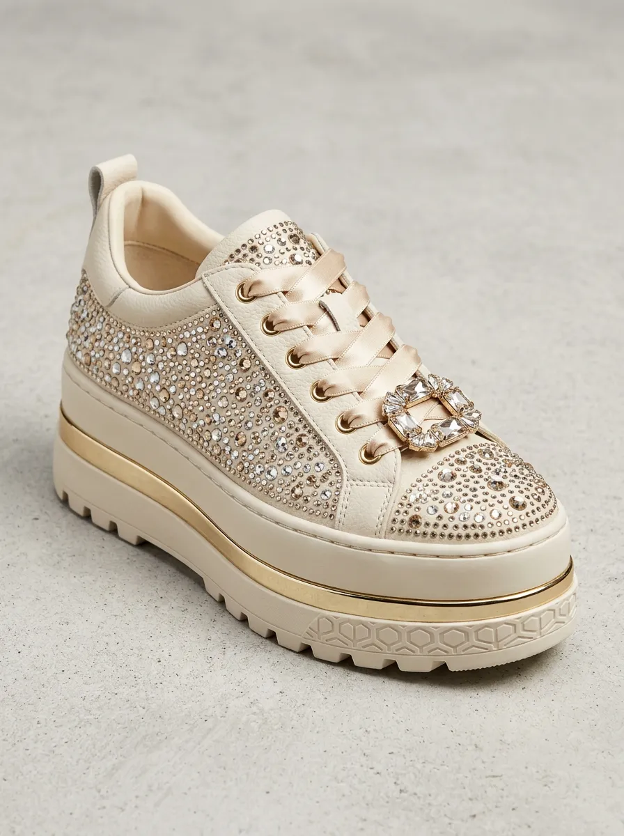 Lace-Detail Buckle-Strap Lace-Up Low-Top Women's Rhinestone Platform Shoes