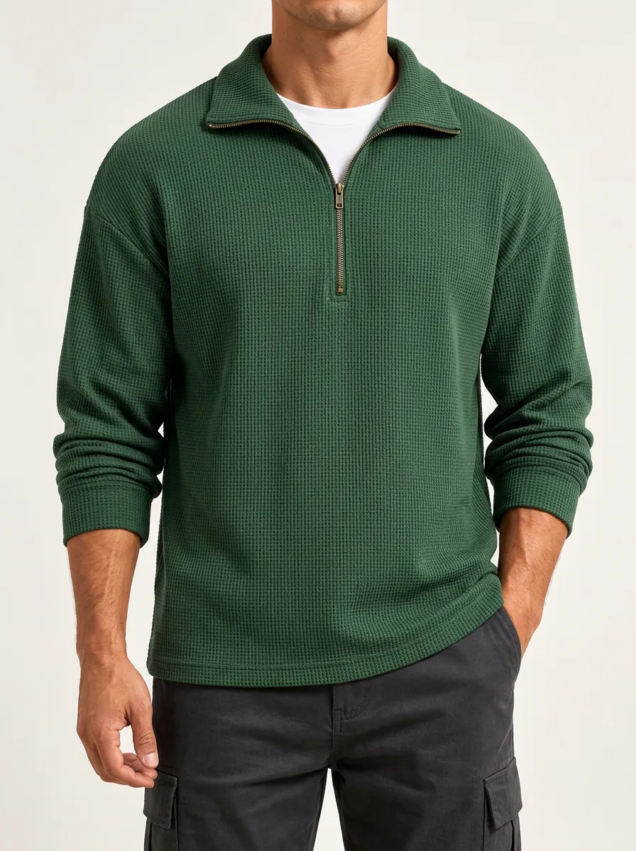 Waffle Knit Quarter-Zip Pullover for Easygoing Layers