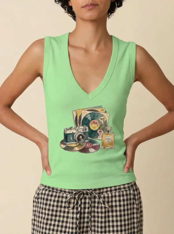 Women's Vintage Camera Vinyl Record Perfume Printed Tank Top