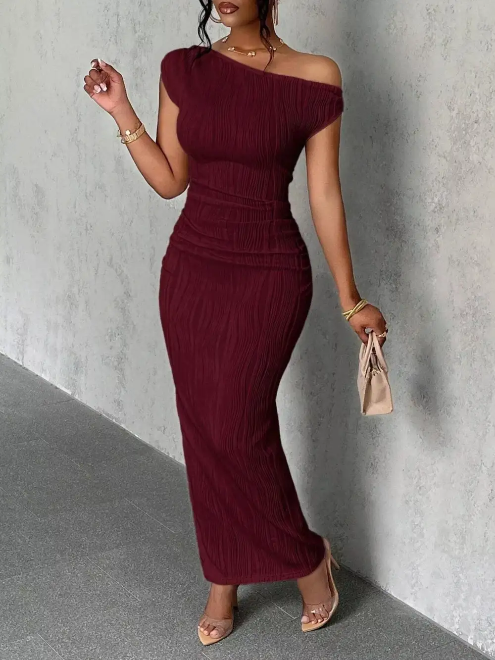 One Shoulder Textured Maxi Dress