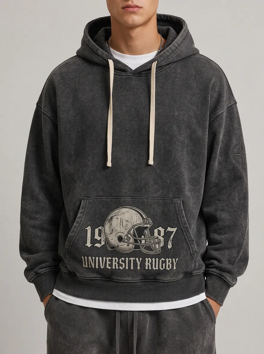 Men's University Rugby 1987 Helmet Graphic Printed Hoodie