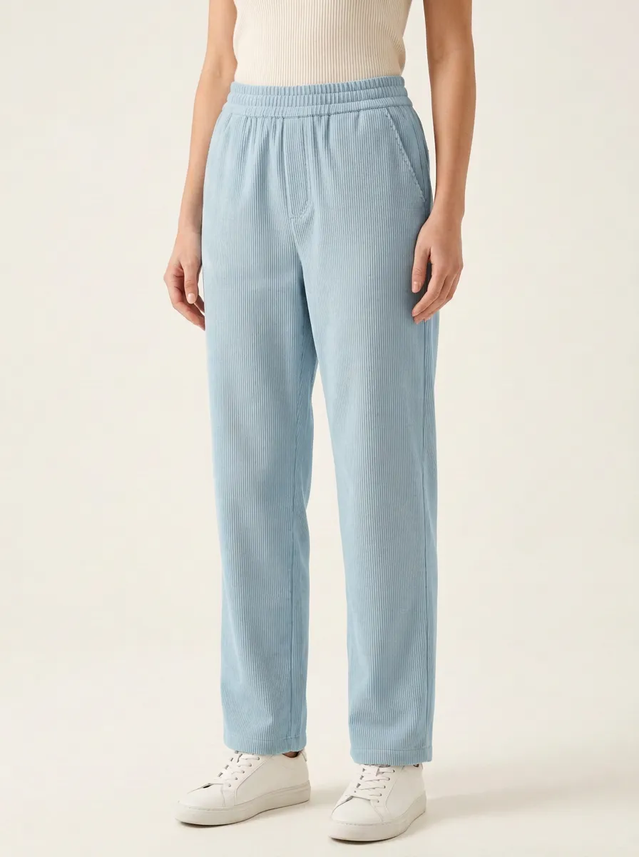 Women's Elastic-Waist Fine-Wale Straight-Leg Corduroy Pants