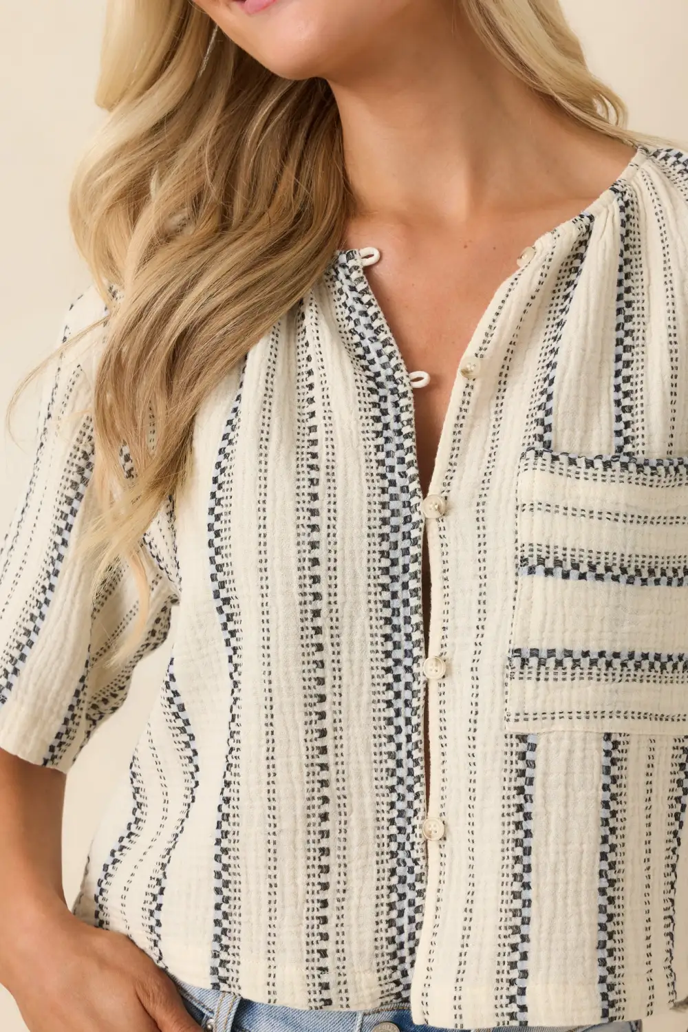 Button-Front Short-Sleeve Cropped Striped Top