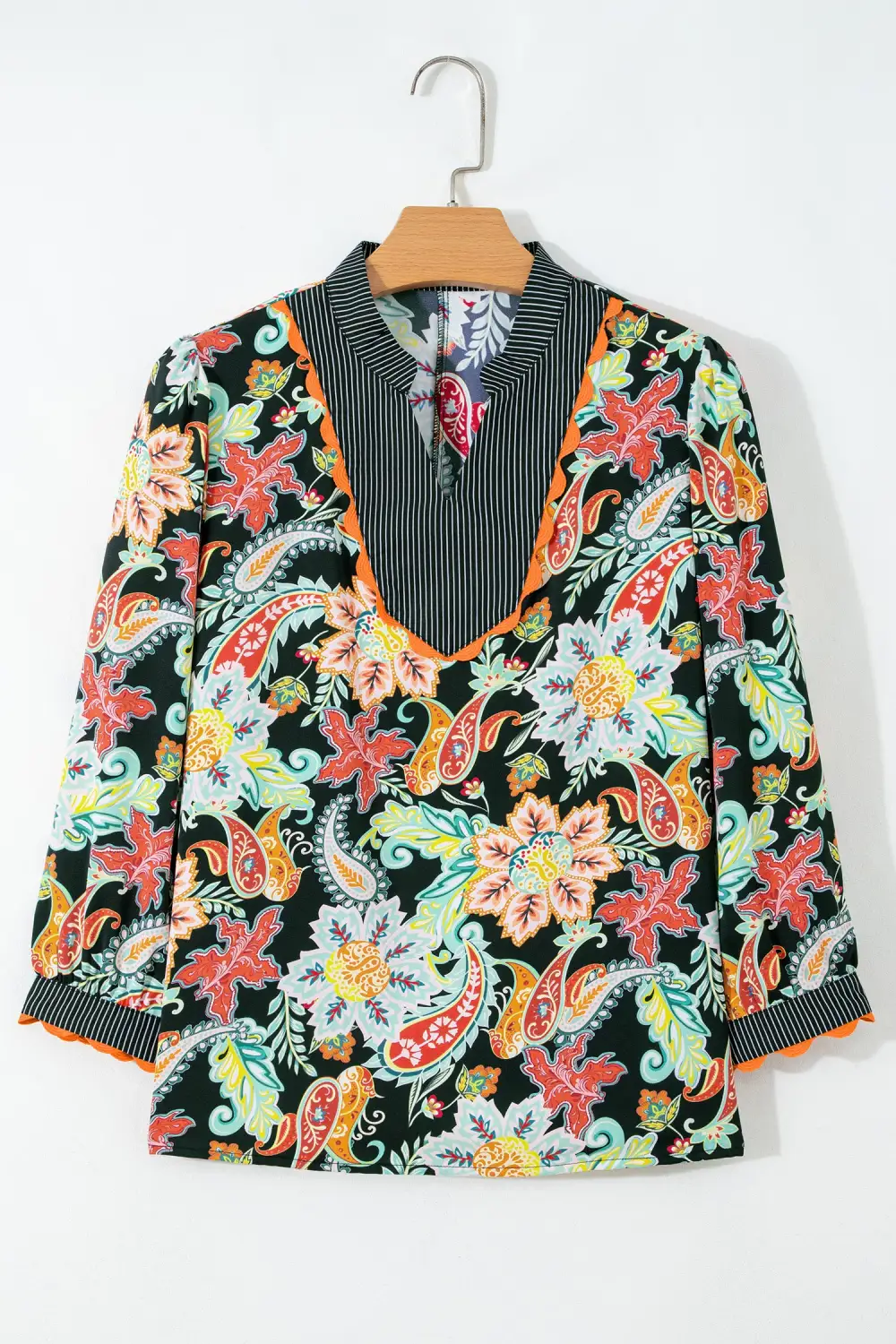 Women's Floral Print Striped Ricrac Trim Top