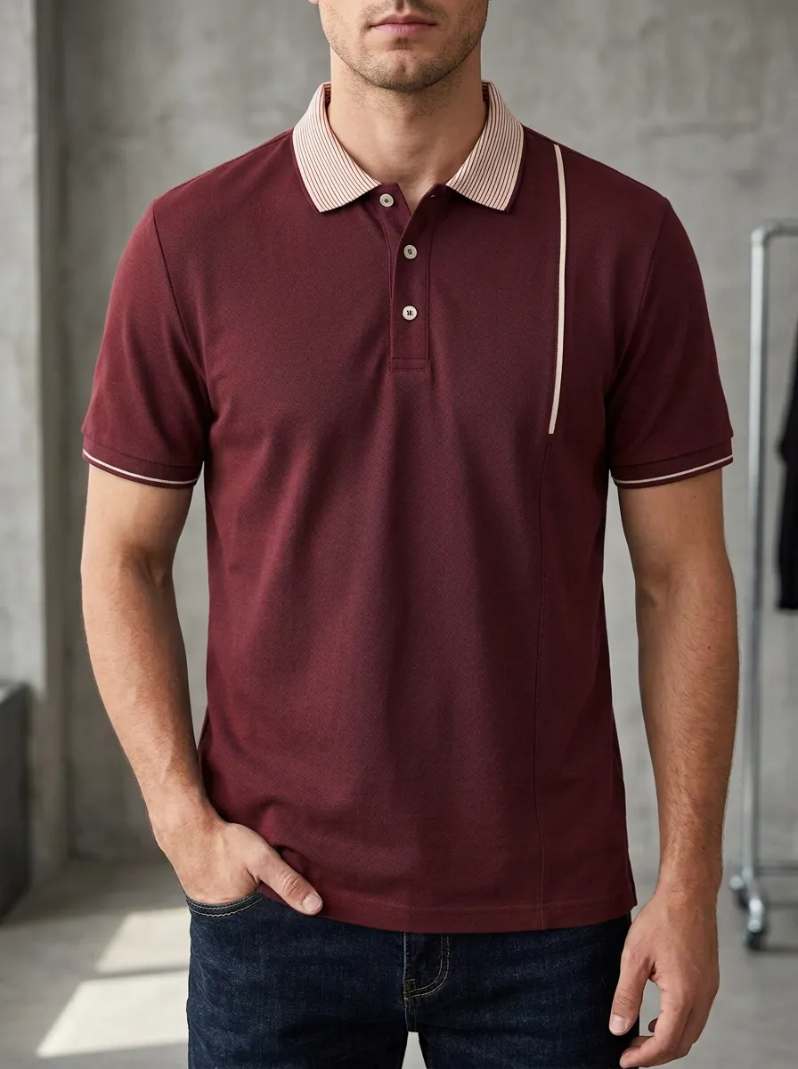 Men's Navy Blue Striped Collar Contrast Trim Polo Shirt