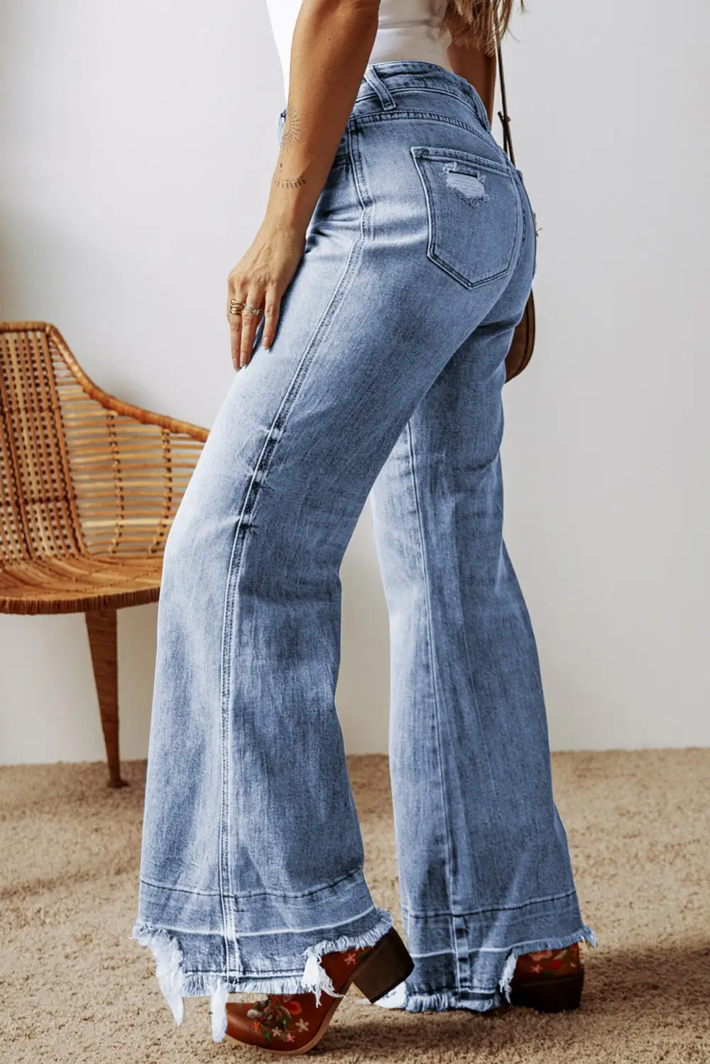 Structured Flare Leg Raw Hem Pocketed Denim Jeans