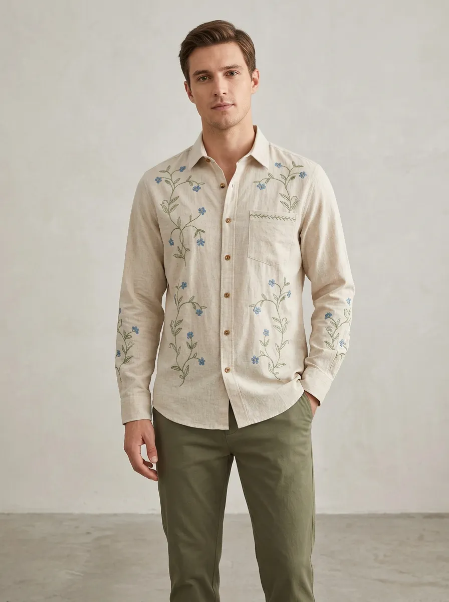 Men's Floral Nature Embroidered Linen Shirt