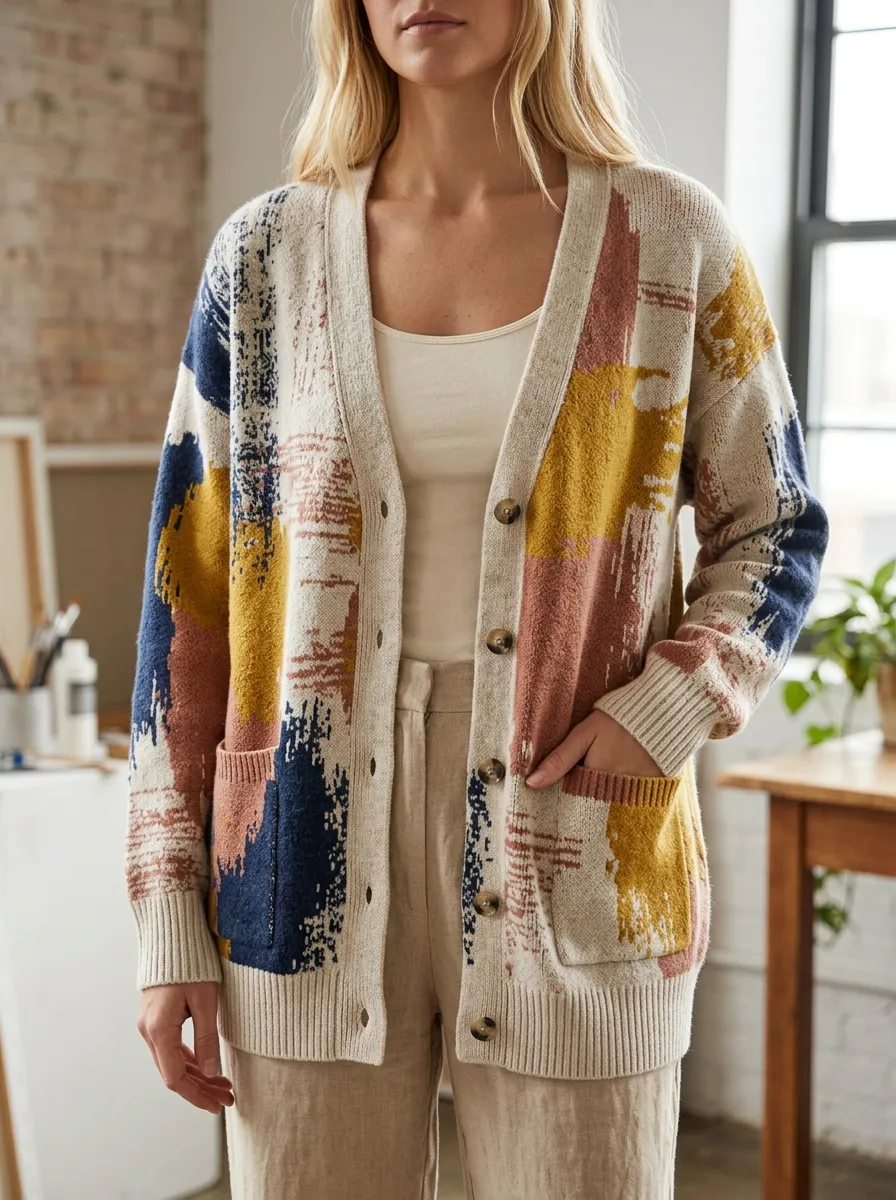 Women's Abstract Art Pattern Colorblock Printed Patch Pocket Everyday Layering Cardigan