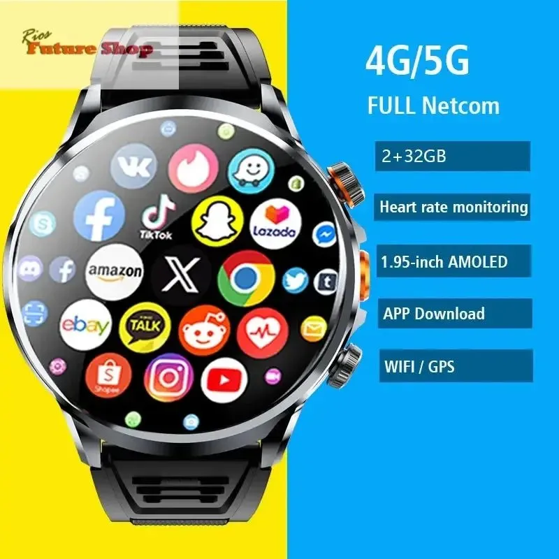 2025 new 4G Android smartwatch 1.95 inch IPS 360*360 screen with 200w camera GPS WiFi 32GB ROM smartwatch with 1100mAh battery