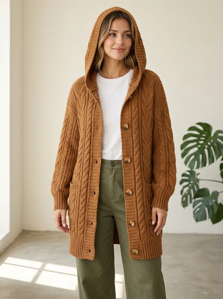 Women's Olive Cable-Knit Button-Front Patch-Pocket Hooded Cardigan