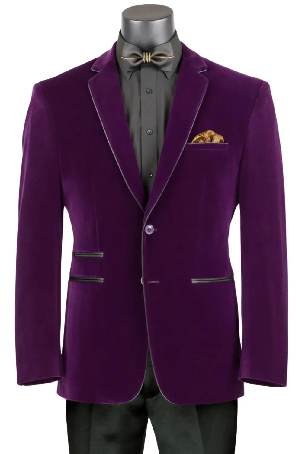 Purple Slim Fit Velvet Leather Solid Single Breasted Coat