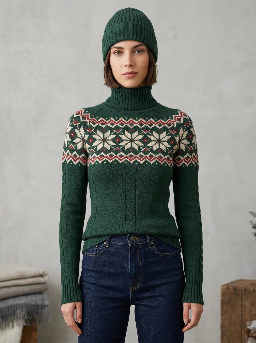 Women's Christmas Holiday Nordic Snowflake Printed Turtleneck Sweater