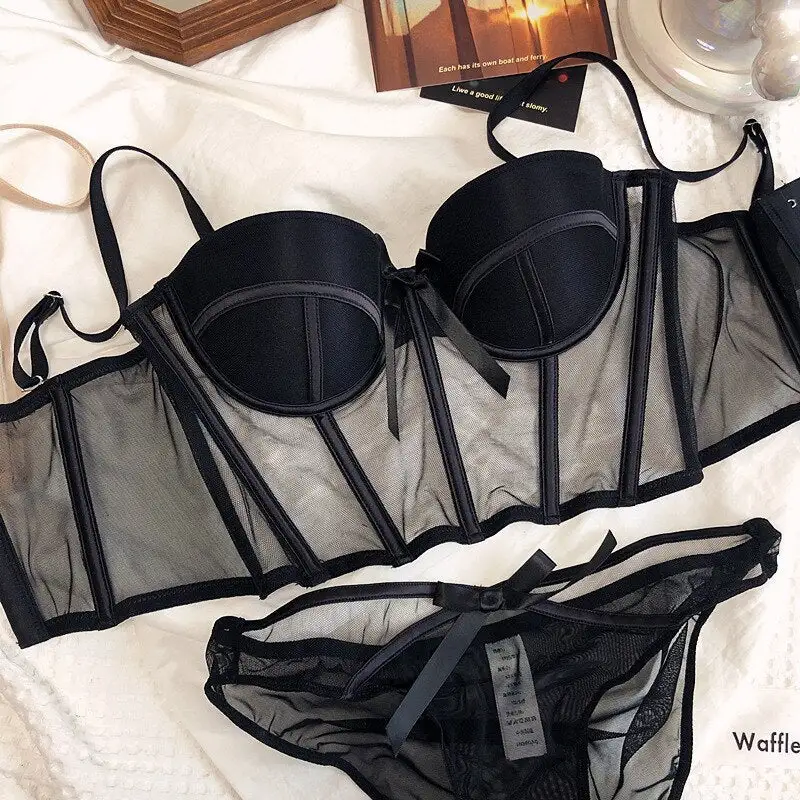Bow Mesh Corset Lingerie Set
