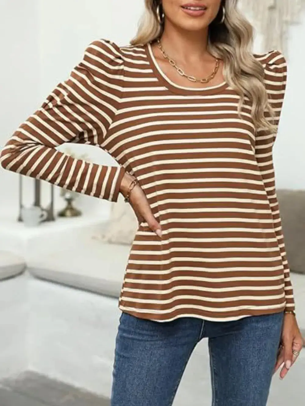 Modern Striped Round Neck Long Sleeve T-Shirt