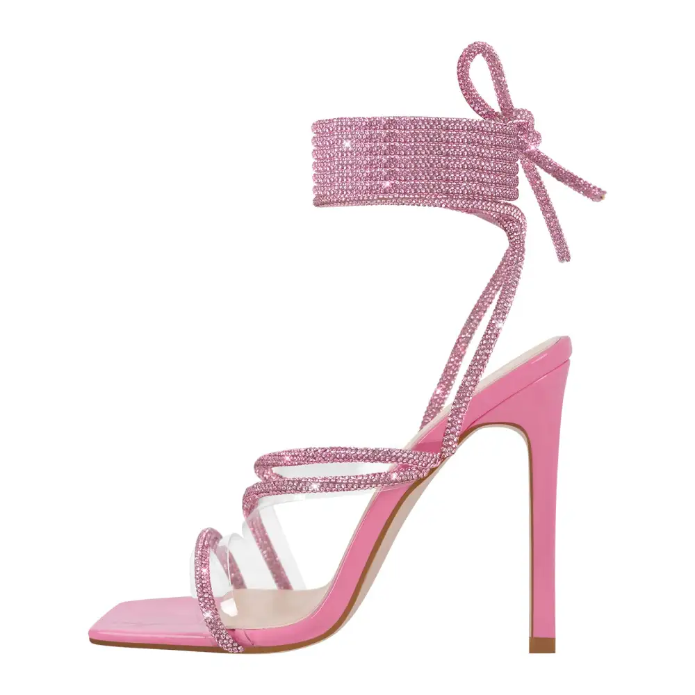 Rhinestone Strap Lace Up High Heel Sandals
