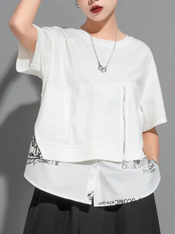 Layered Look Relaxed Printing Panel Detail Round Neck T-Shirt