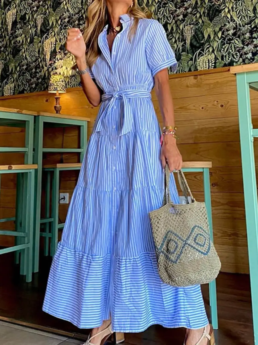 Pleated Buttoned Sleeve Shirt Maxi Dress