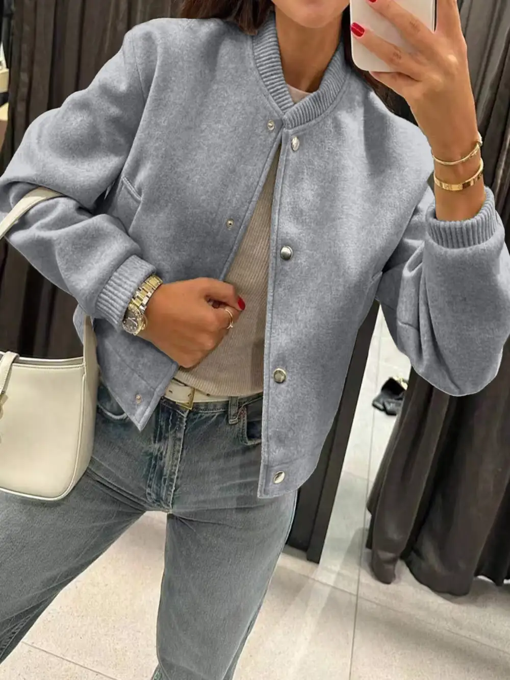 Cropped Teddy Ribbed Trim Bomber Jacket