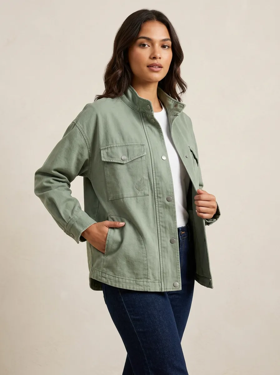 Women's Leaf Embroidered Sage Green Utility Jacket