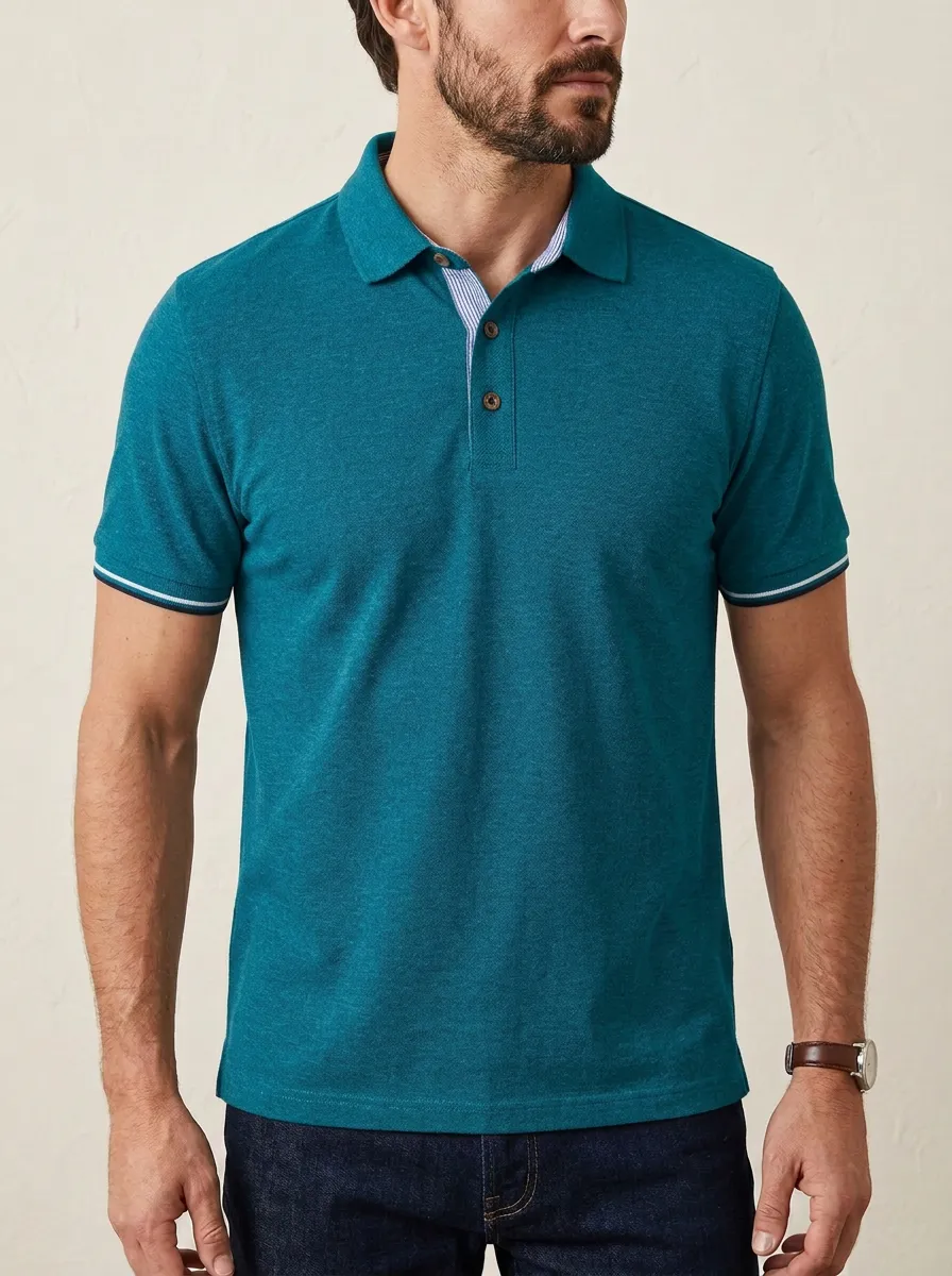 Men's Casual Grey Striped Trim Contrast Collar Polo Shirt