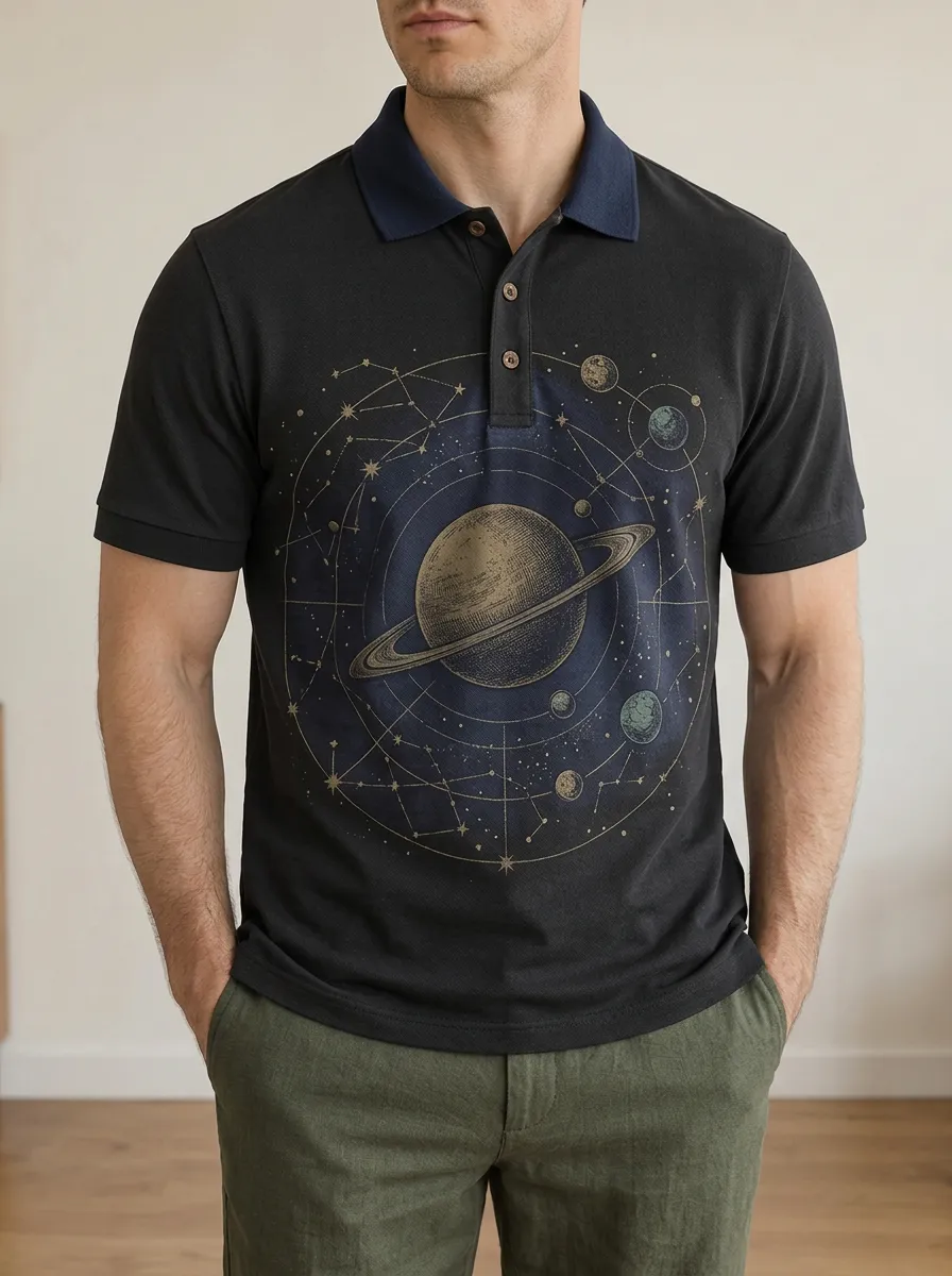 Men's Astronomy Lover Saturn Solar System Printed Polo Shirt Classic Casual Style