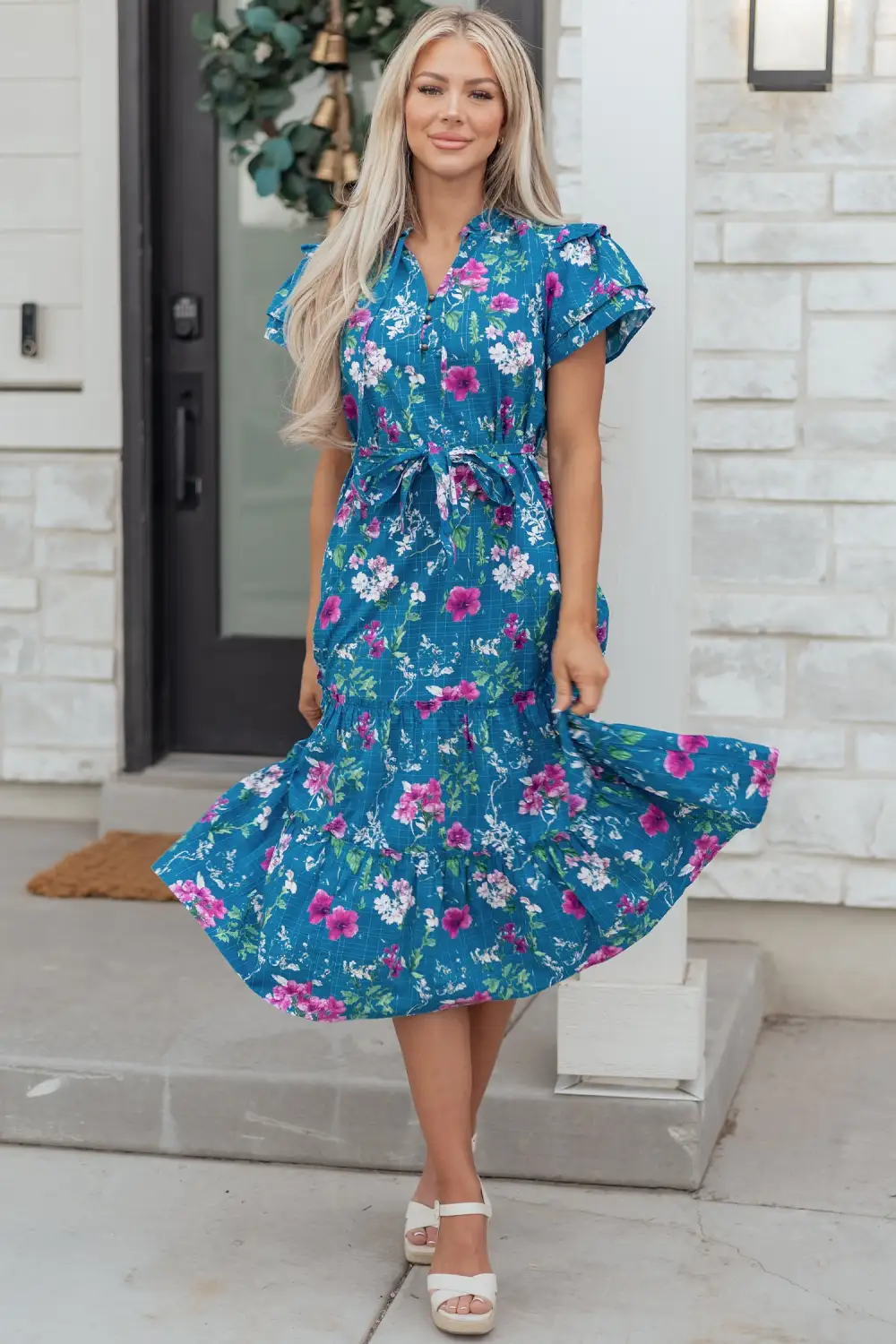 Floral Split Neck Tie Waist Dress Casual