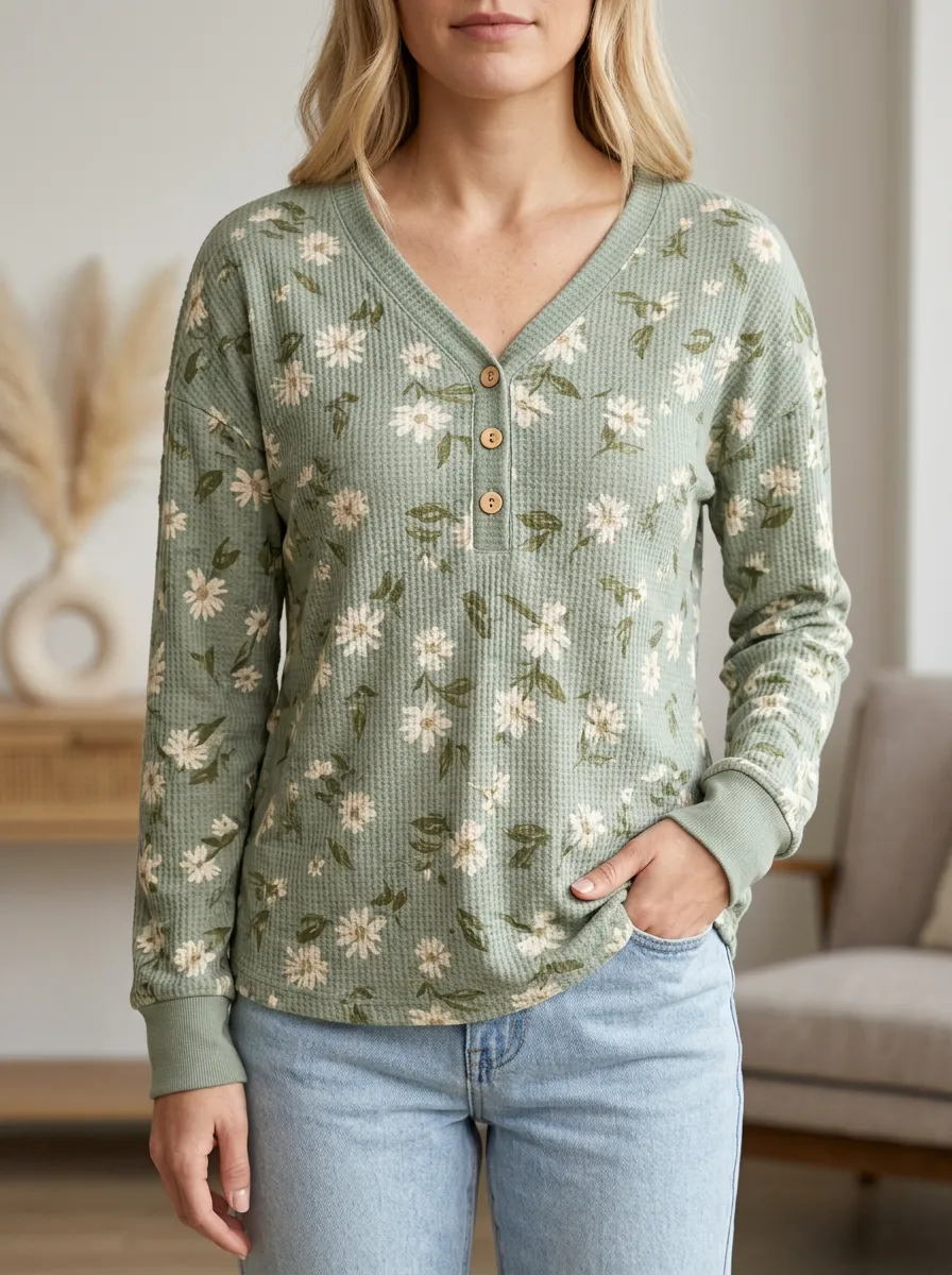 Women's Artful Floral Pattern Waffle Knit Printed Button V-Neck T-Shirt